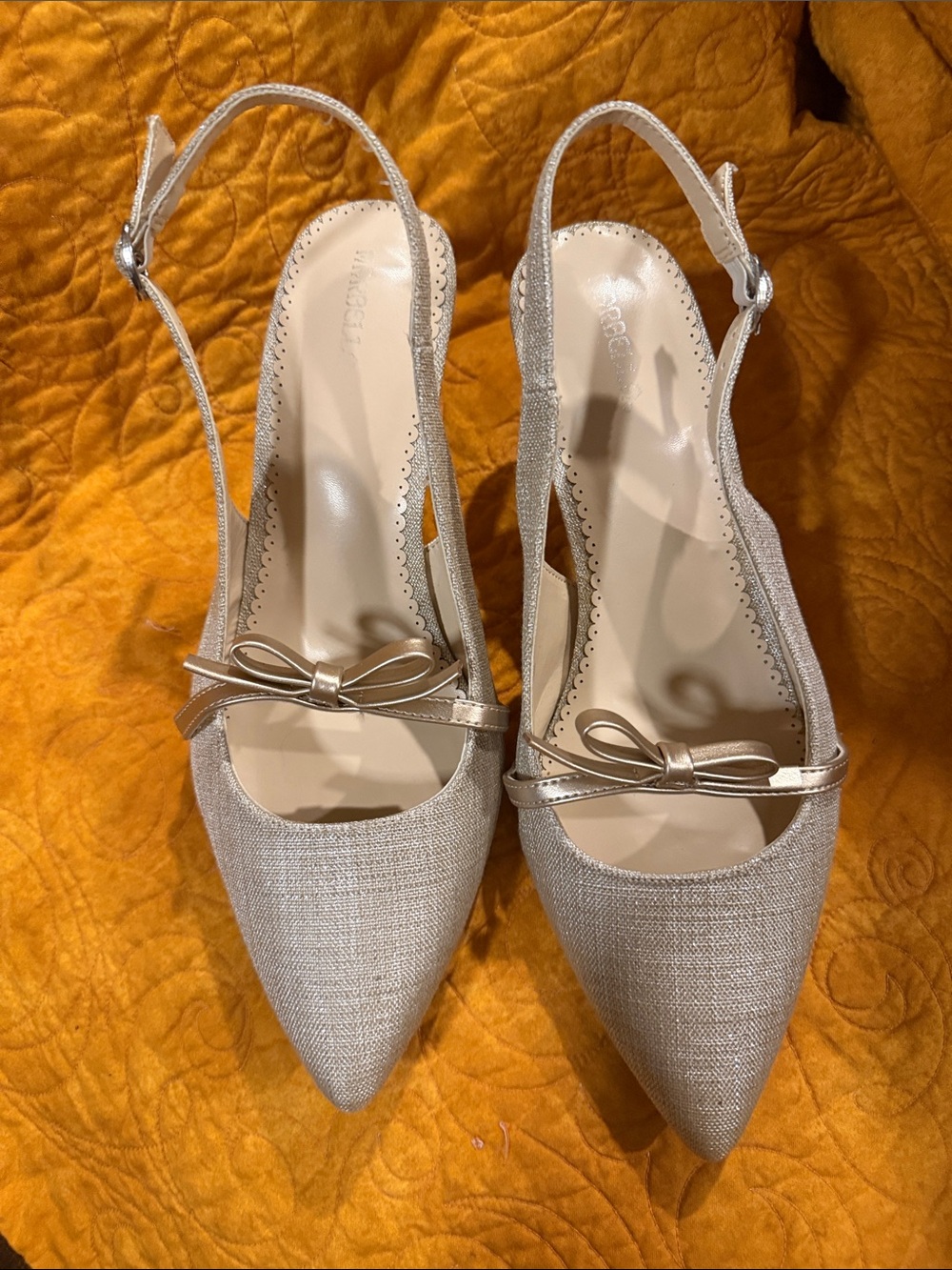 Pointed-Toe Slingback Heels with Bow Accent in Light Gold